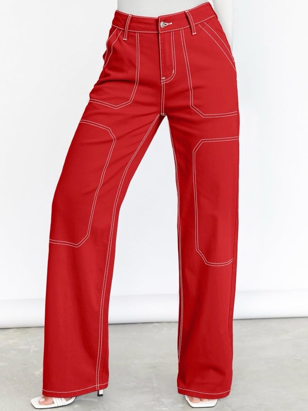 Contrast-Stitch Wide Leg Jeans in Red